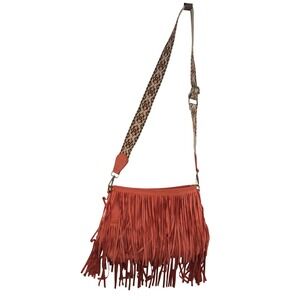 Jen & Co Burnt Orange Fringe Crossbody Bag Woven Guitar Strap Boho Vegan Suede